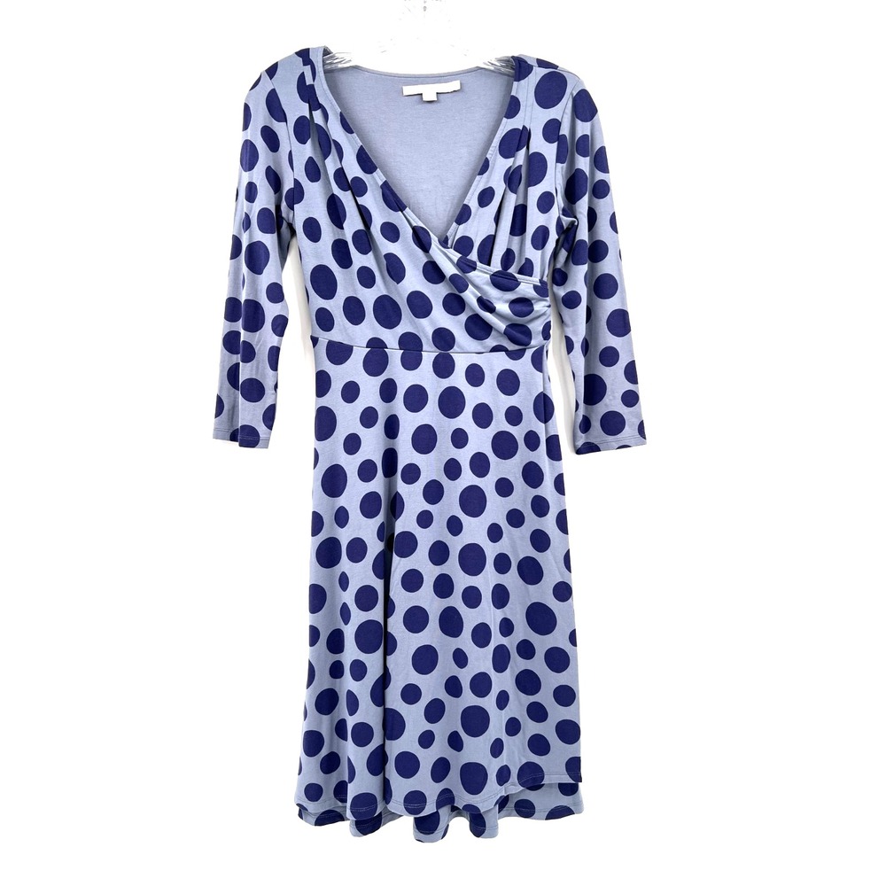 BODEN Women's Size 4P Blue Polka Dot V-Neck 3/4-Sleeve Faux Wrap Dress Stretch